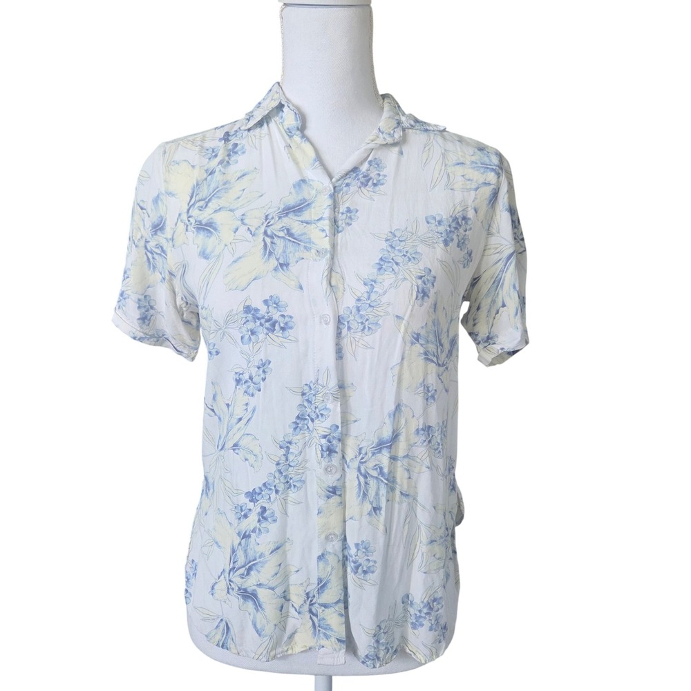 Retro Big John Co Floral Button Down Shirt Small Blue White Tropical Coastal